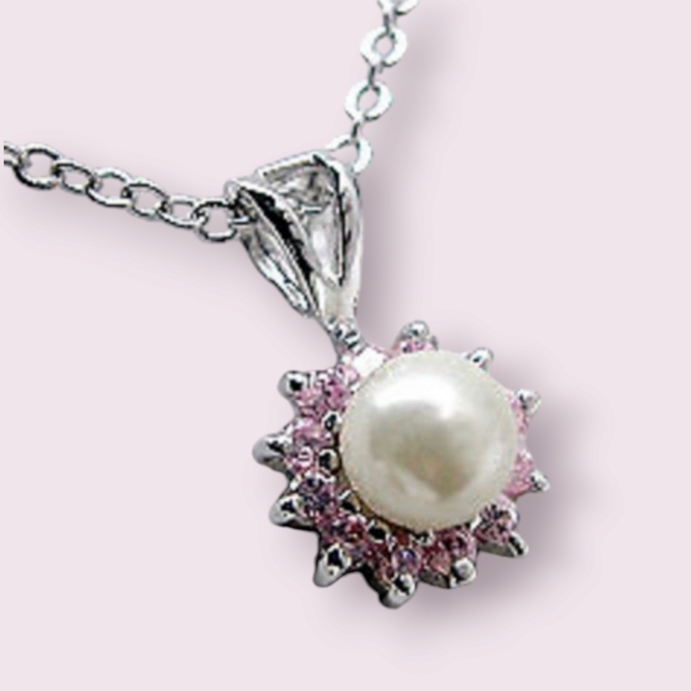 White Pearl & Pink stones Necklace